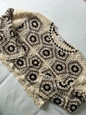 Women’s Off-the-Shoulder Crochet Sweater in Cream and Brown